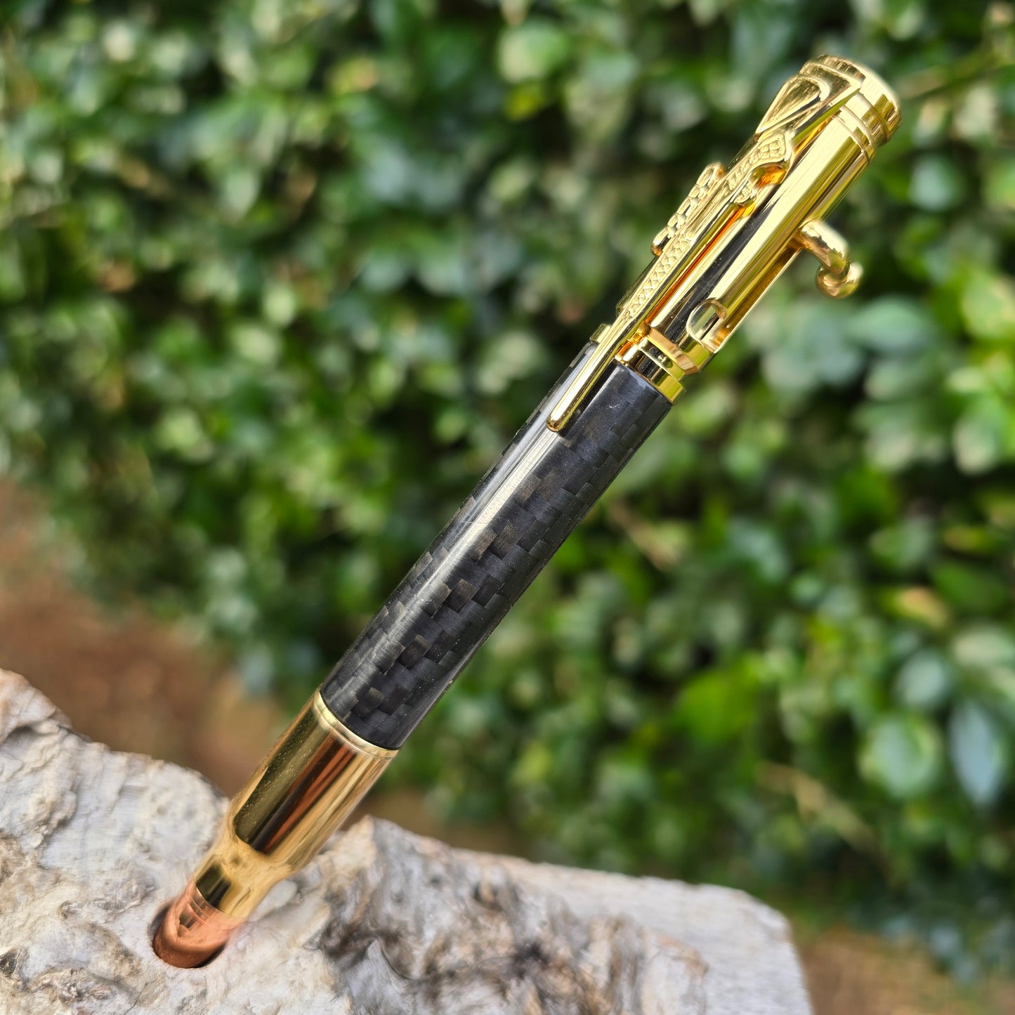 Black Carbon Fiber Ned Kelly Style Pen with Gold Trim