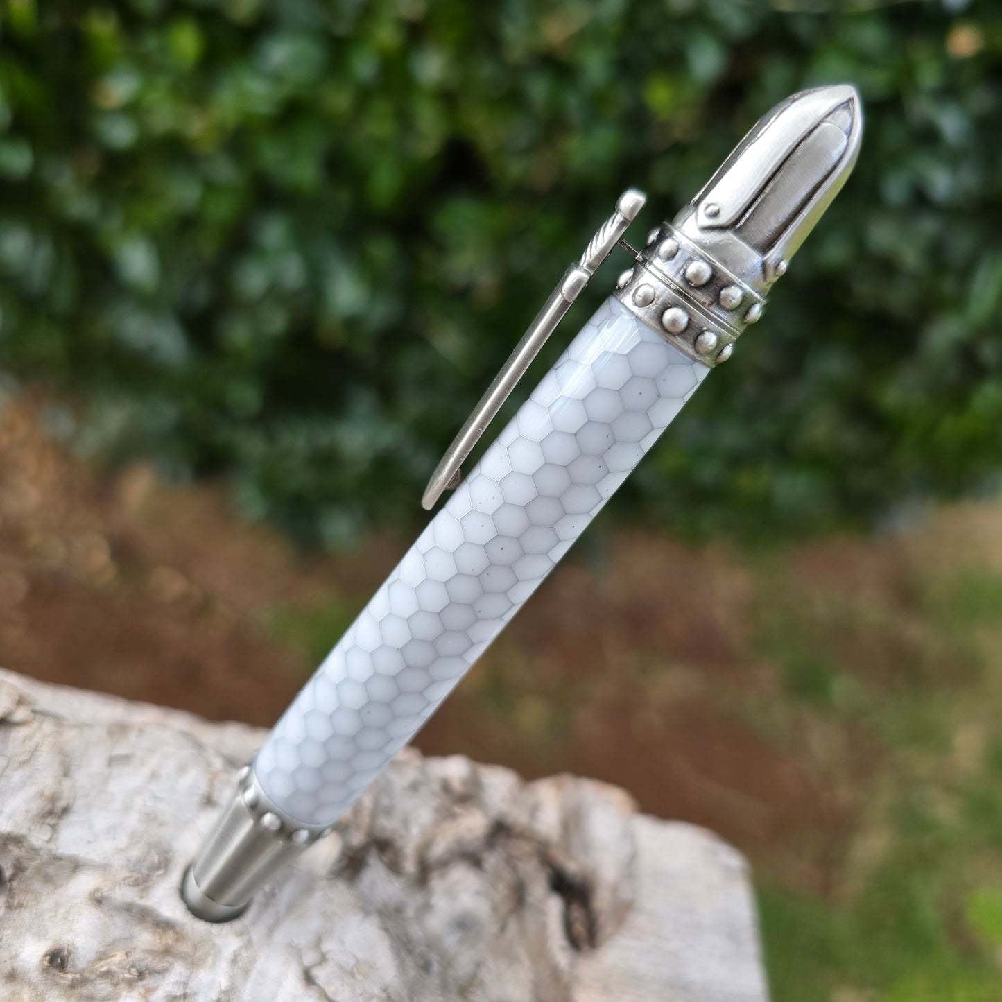 White Aluminium Honeycomb Knights Armor Style Pen with Antique Pewter Trim