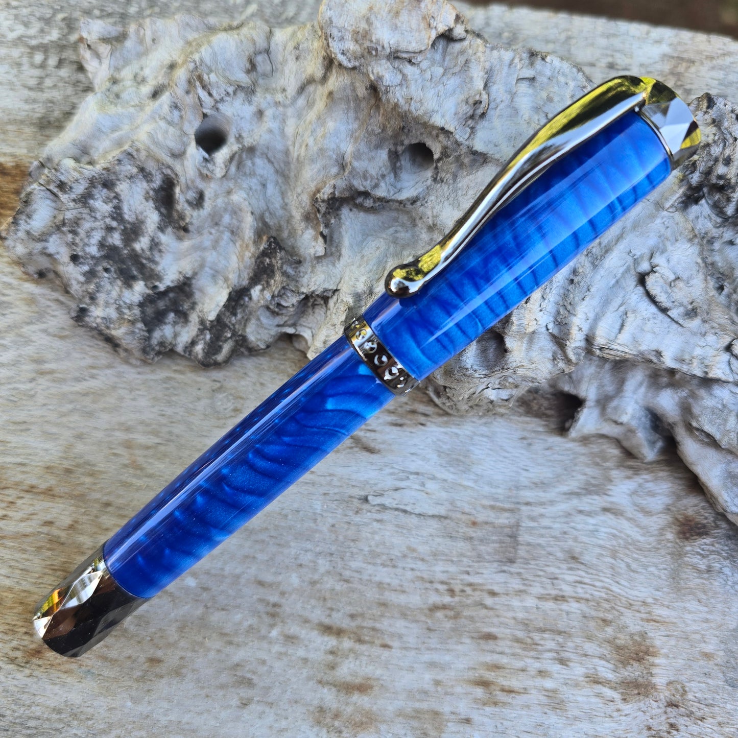 Blue Acrylic Dragon Scale Atrax Fountain Pen with Etched Metal Trim