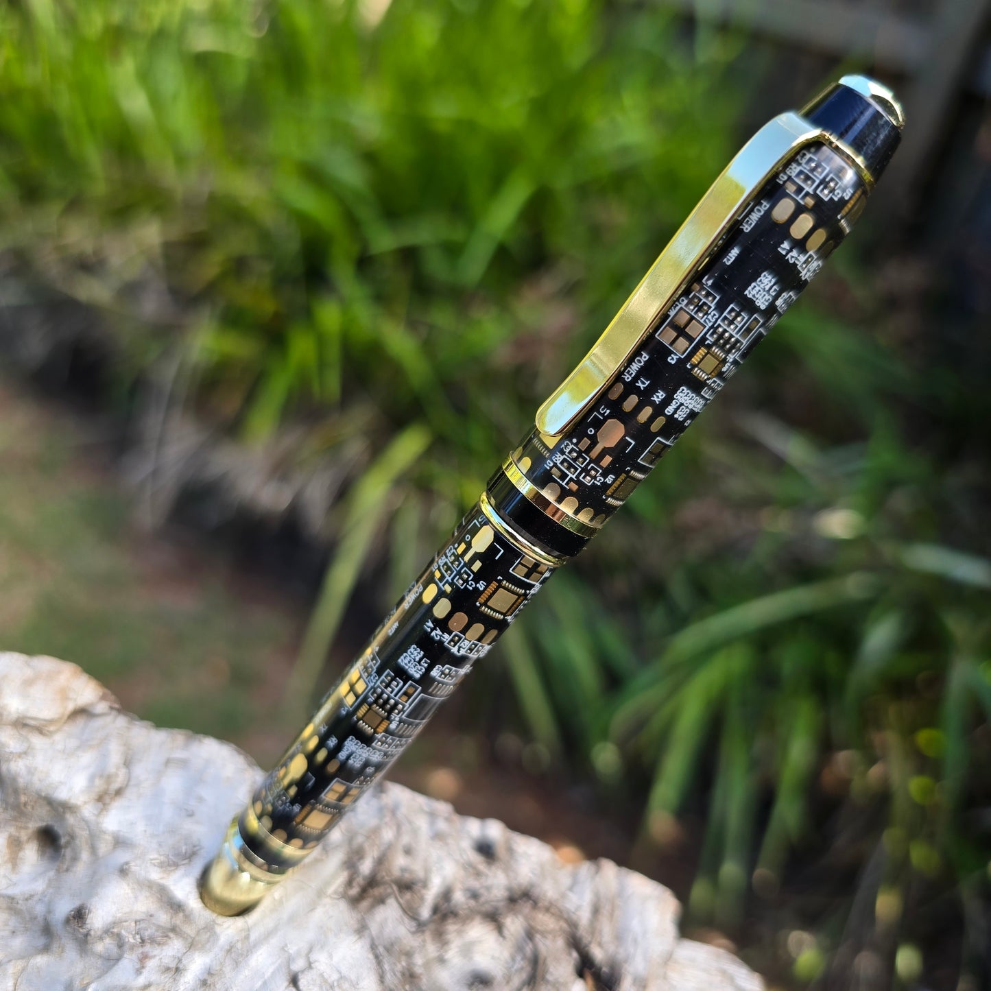 Computer Circuit Board Cuban Twist Style Pen with Gold Trim