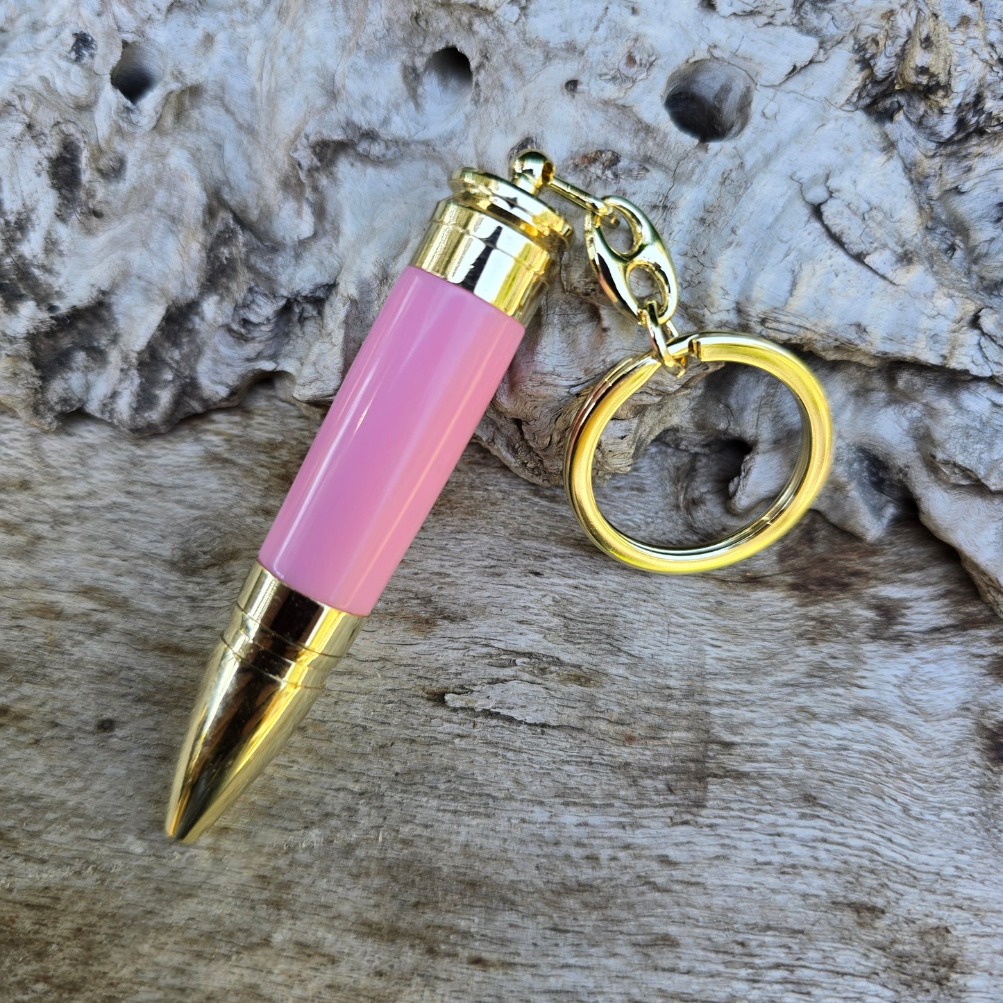Pink Acrylic Resin Thunder Style Keyring Pen with Gold Trim