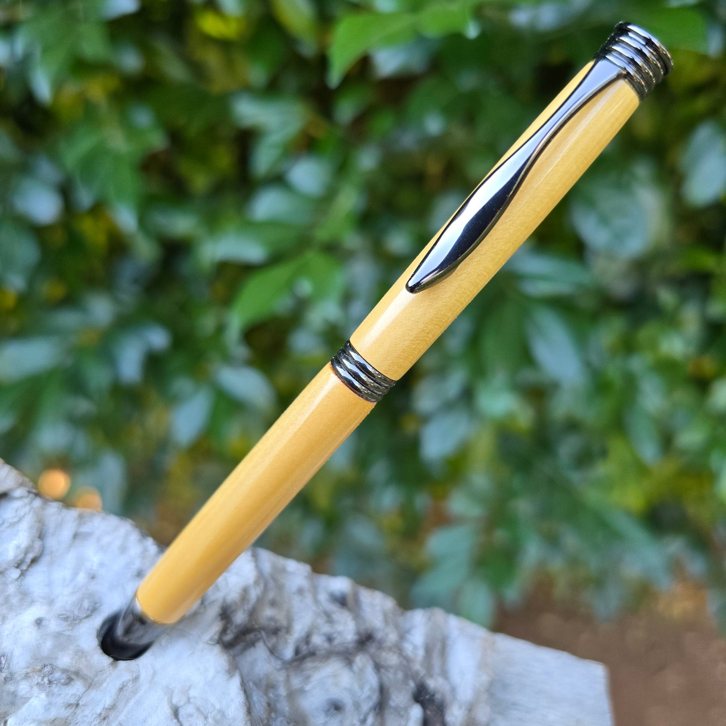 Huon Pine Elegant Slim Twist Style Pen with Etched Metal Trim