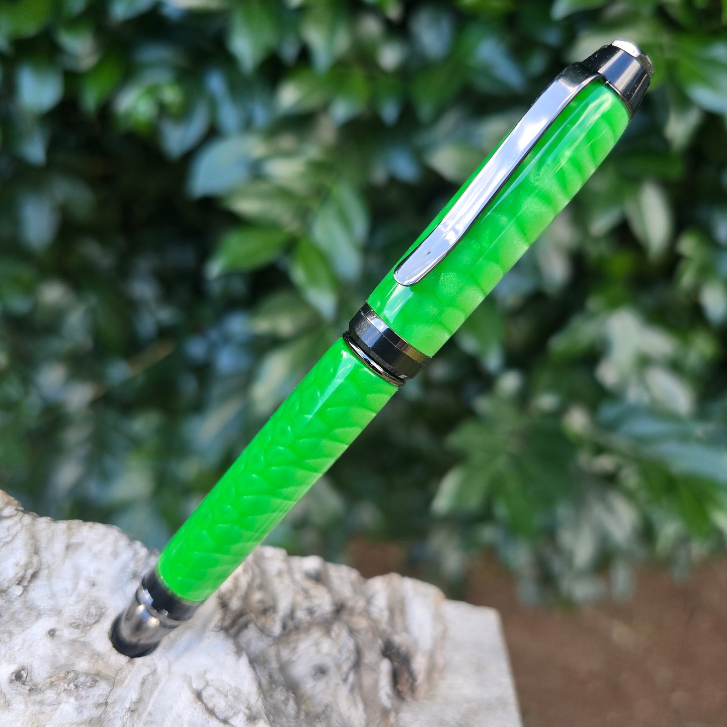Green Dragon Scale Cuban Twist Style Pen with Etched Metal Trim