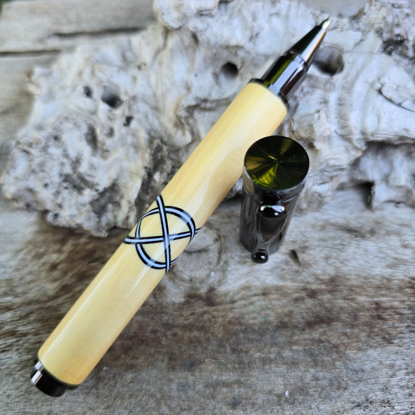 Huon Pine Segmented Magnetic Rollerball Pen with Etched Metal Trim
