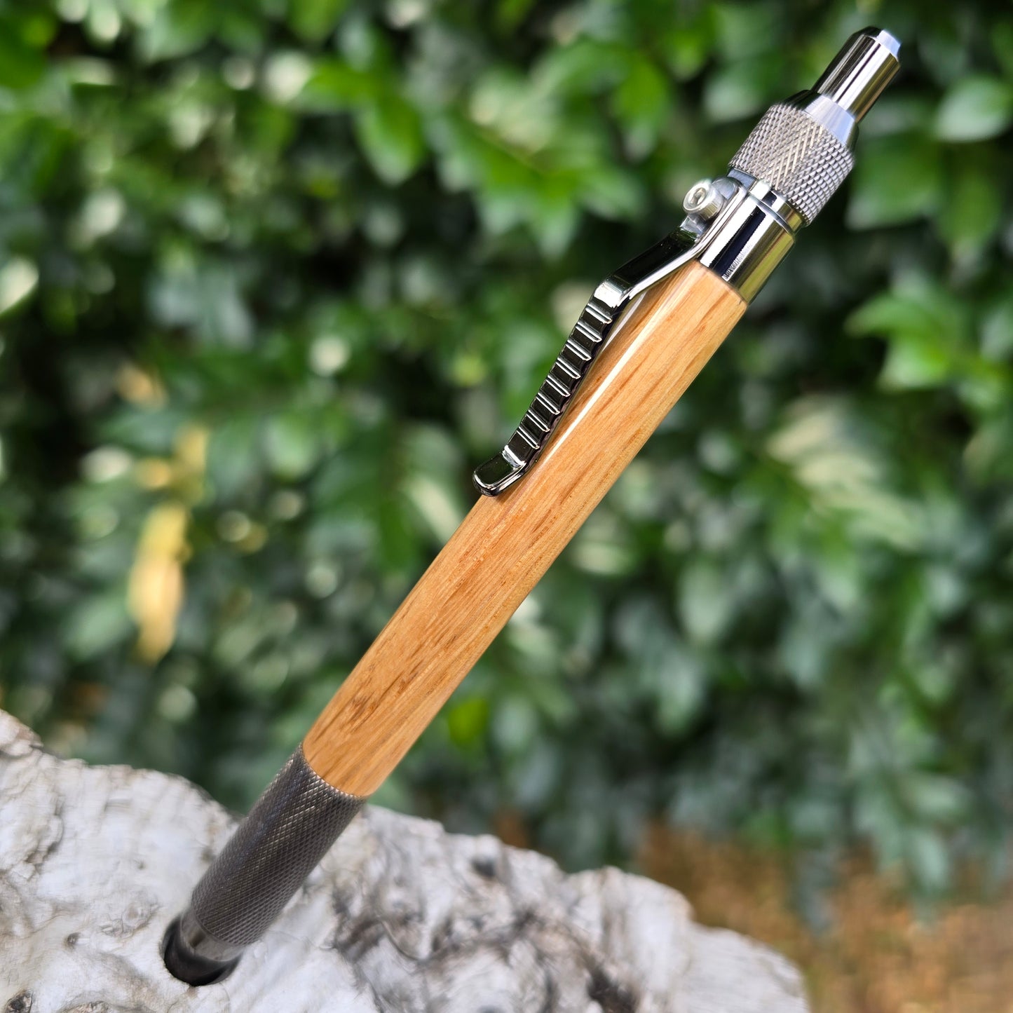 White Oak Anvil Click Style Pen with Etched Metal Trim