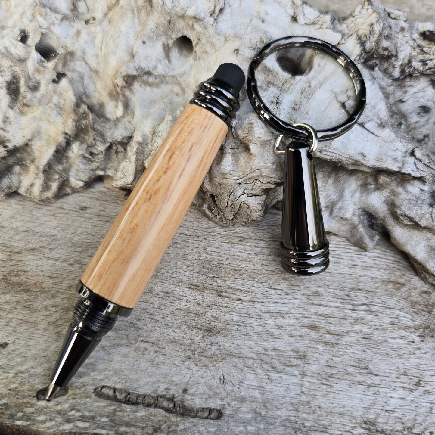 Tasmanian Oak Stylus Keyring Pen with Etched Metal Trim