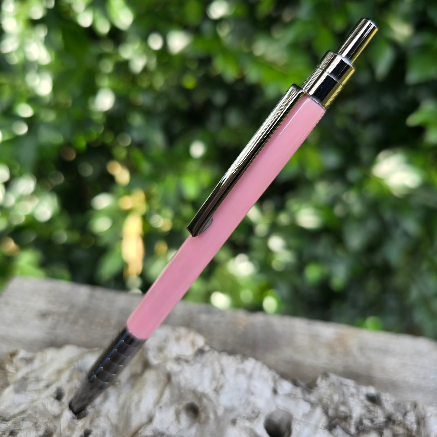 Pink Acrylic Resin Slender Click Style Pen with Etched Metal Trim