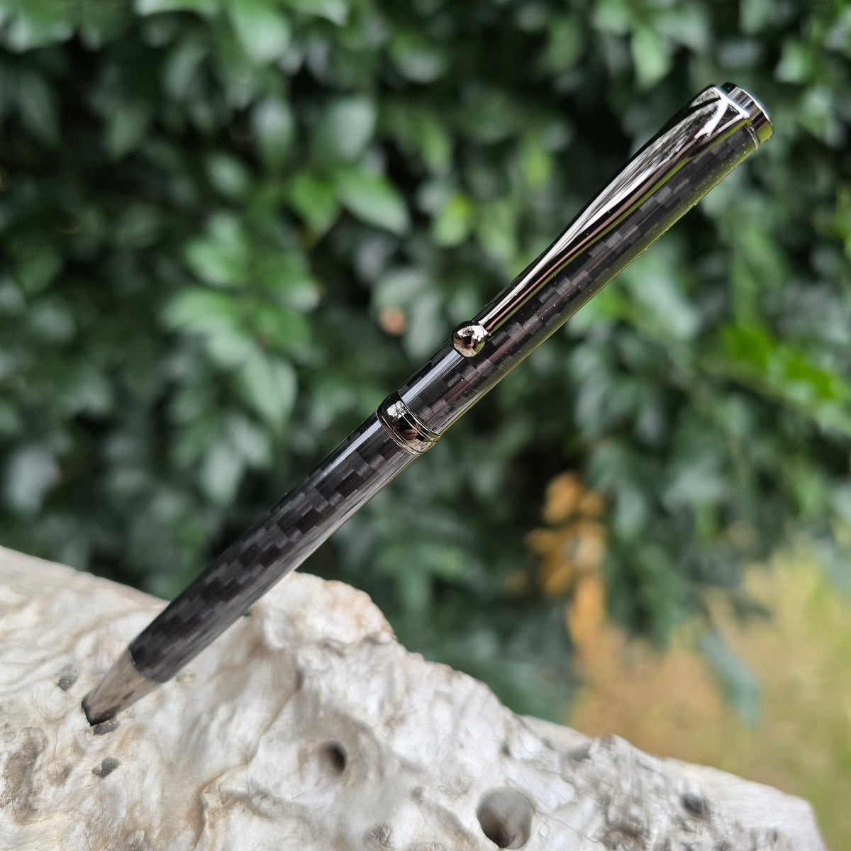Black Carbon Fiber Slimline Twist Style Pen with Etched Metal Trim