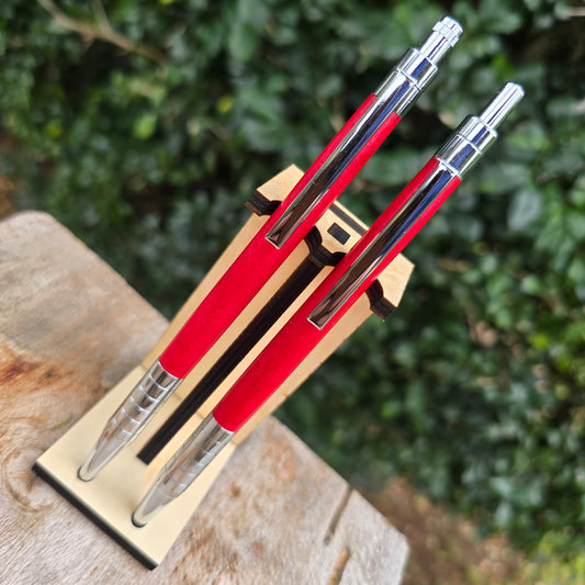 Cherry Red Diamond Cast Slender Click Pen and Pencil Set with Pen Stand