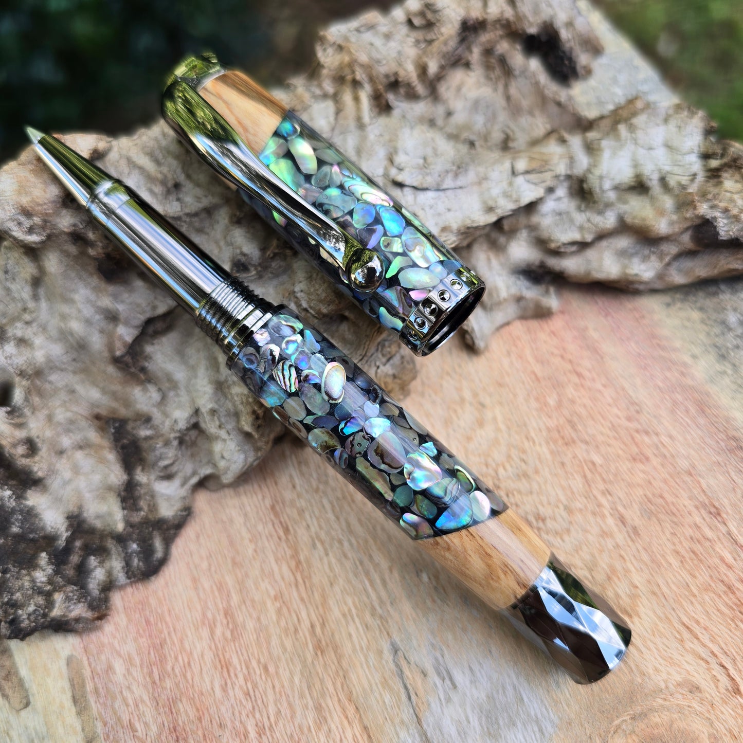 Abalone Atrax Rollerball OR Fountain Pen with Etched Metal Trim