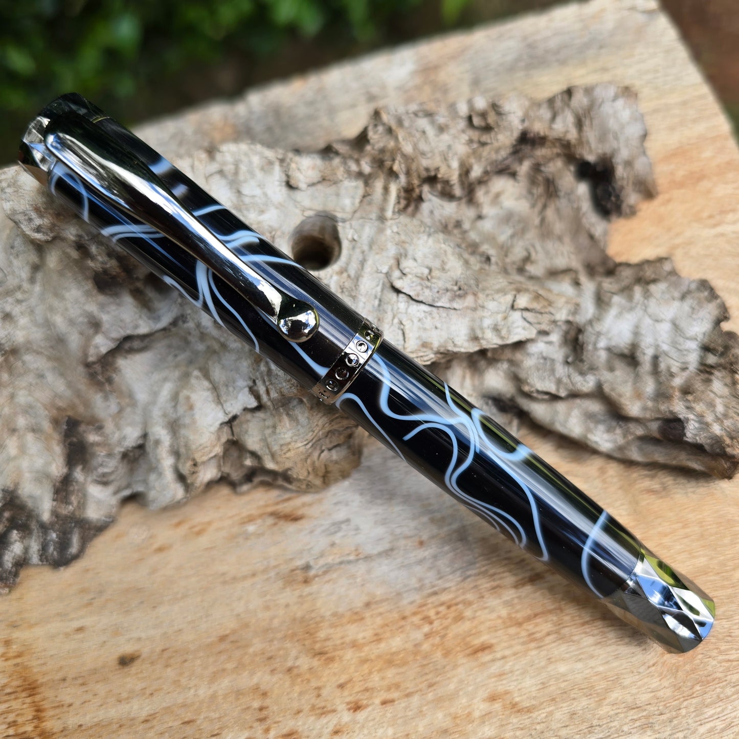 Acrylic Atrax Rollerball OR Fountain Pen with Etched Metal Trim