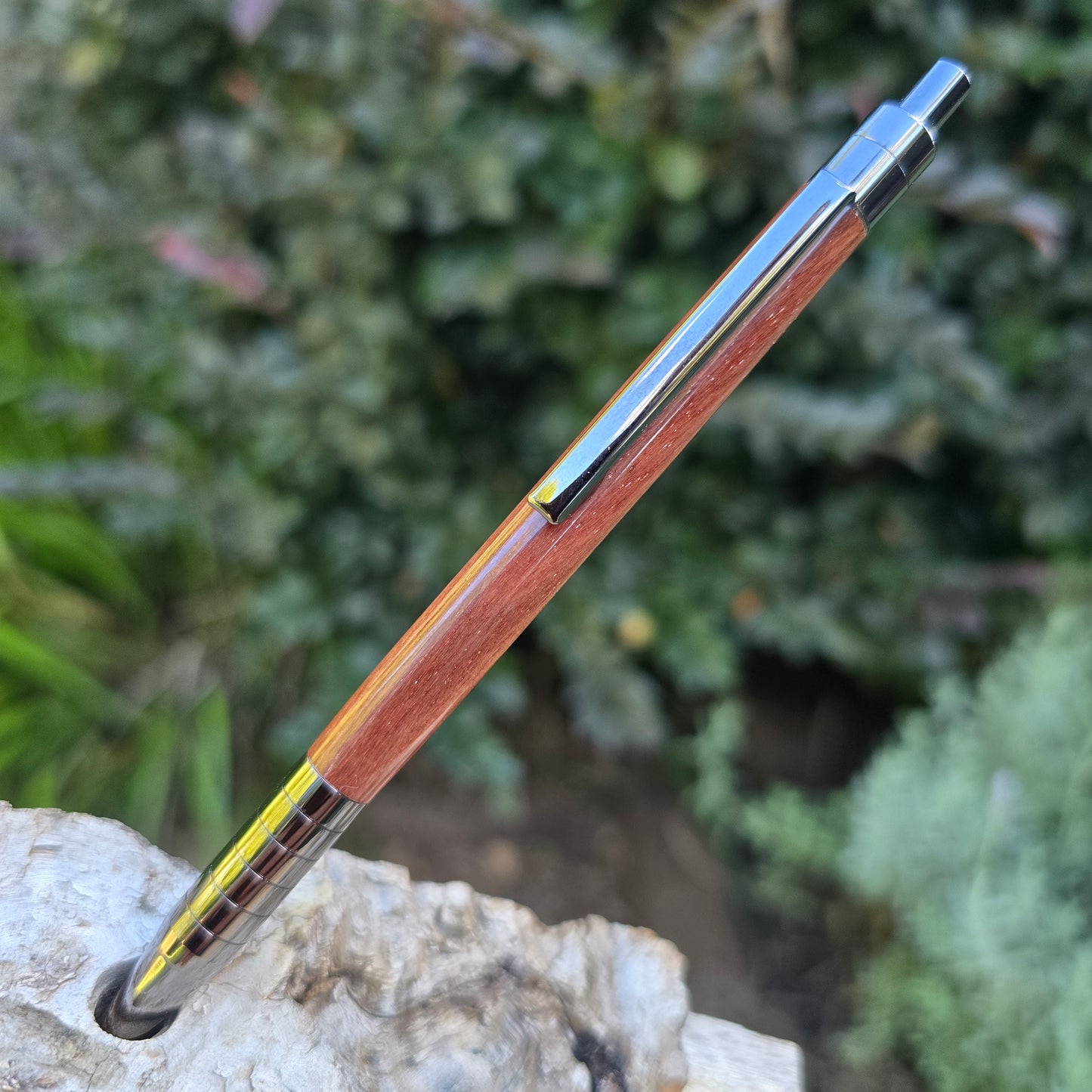 Redgum Slender Click Pen with Etched Metal Trim