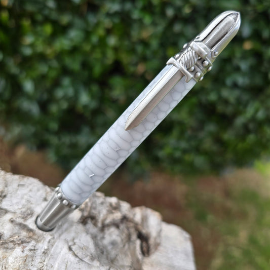 White Aluminium Honeycomb Knights Armor Style Pen with Antique Pewter Trim