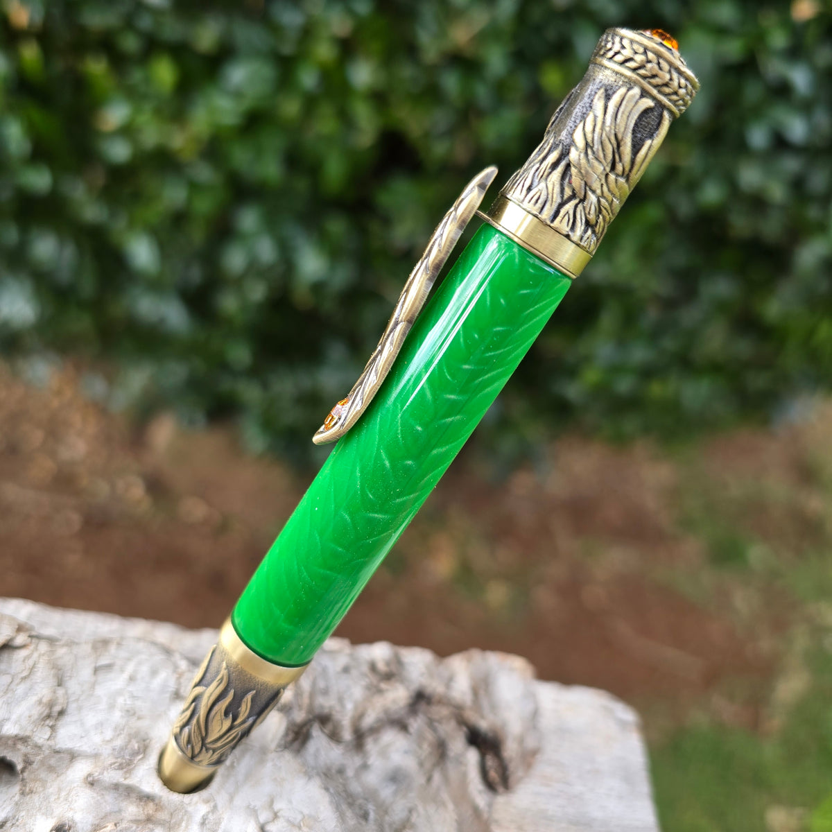 Green Acrylic Dragon Scale Phoenix Rising Style Twist Pen with Brass T ...
