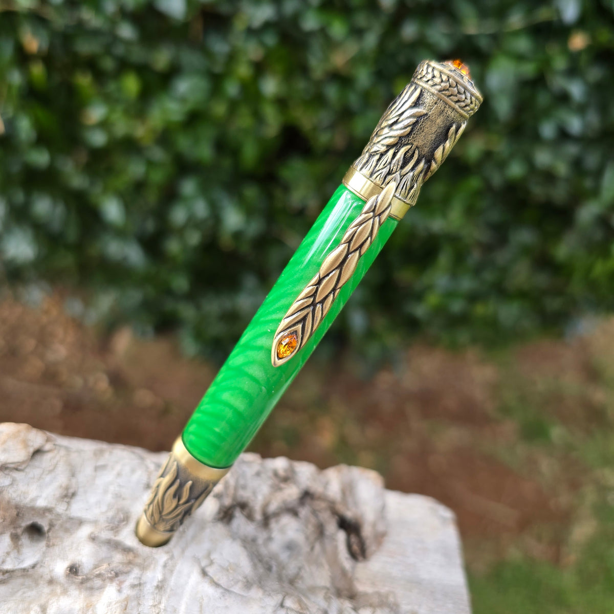 Green Acrylic Dragon Scale Phoenix Rising Style Twist Pen with Brass T ...