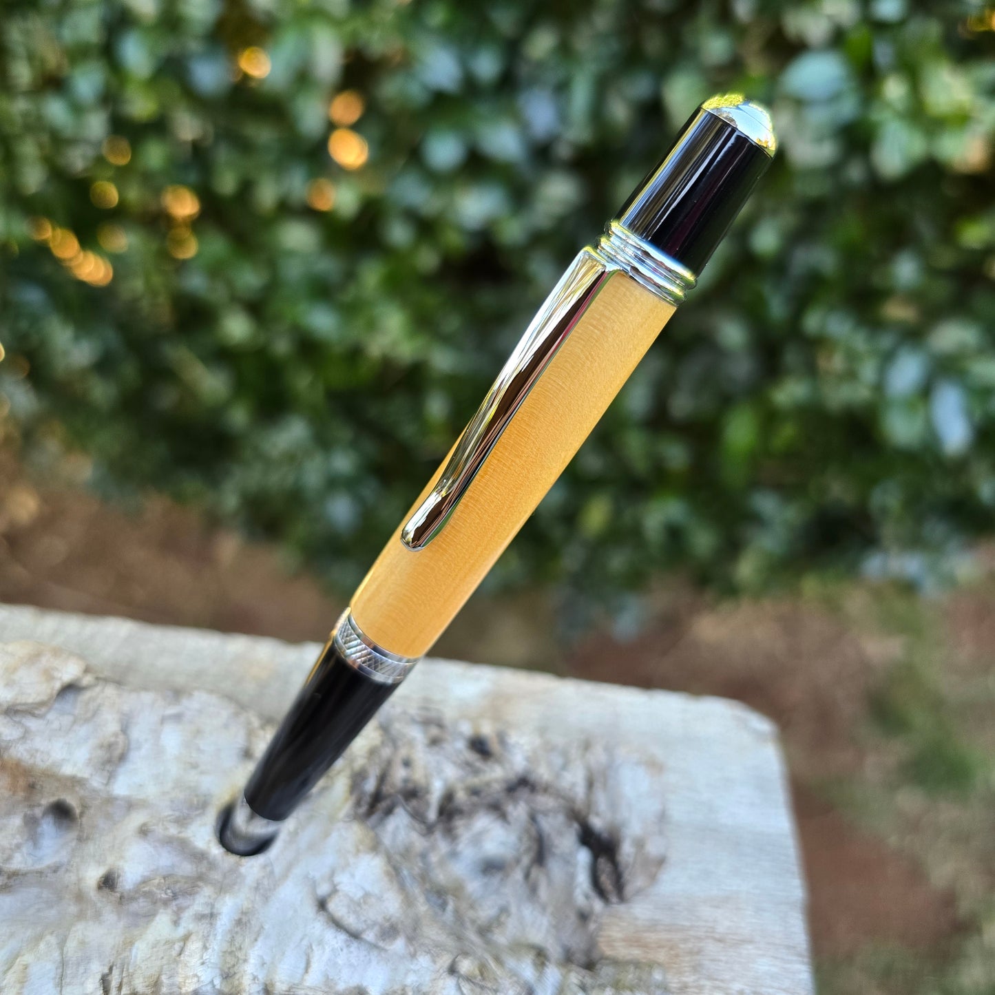 Huon Pine Sierra Style Twist Pen with Silver Trim