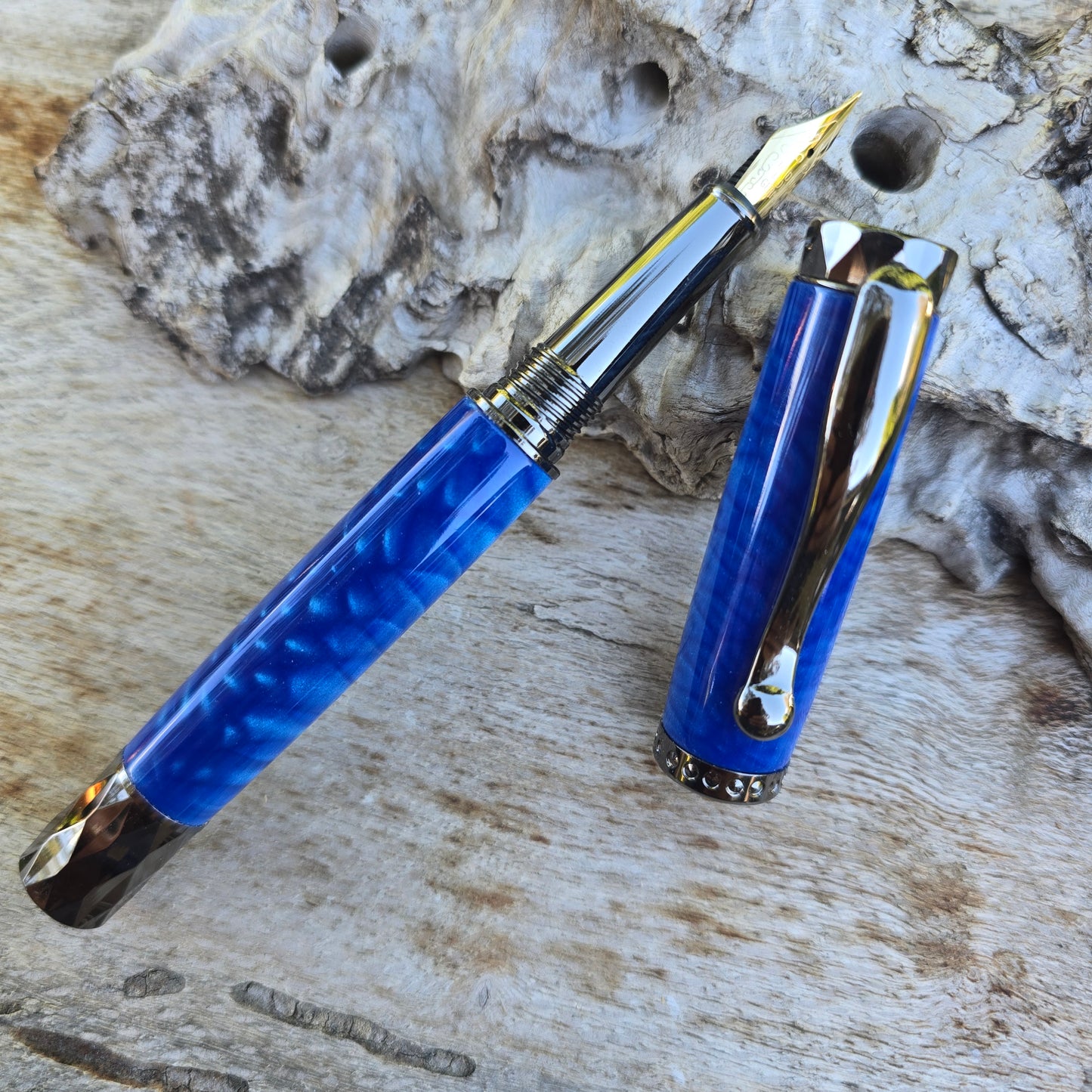 Blue Acrylic Dragon Scale Atrax Fountain Pen with Etched Metal Trim
