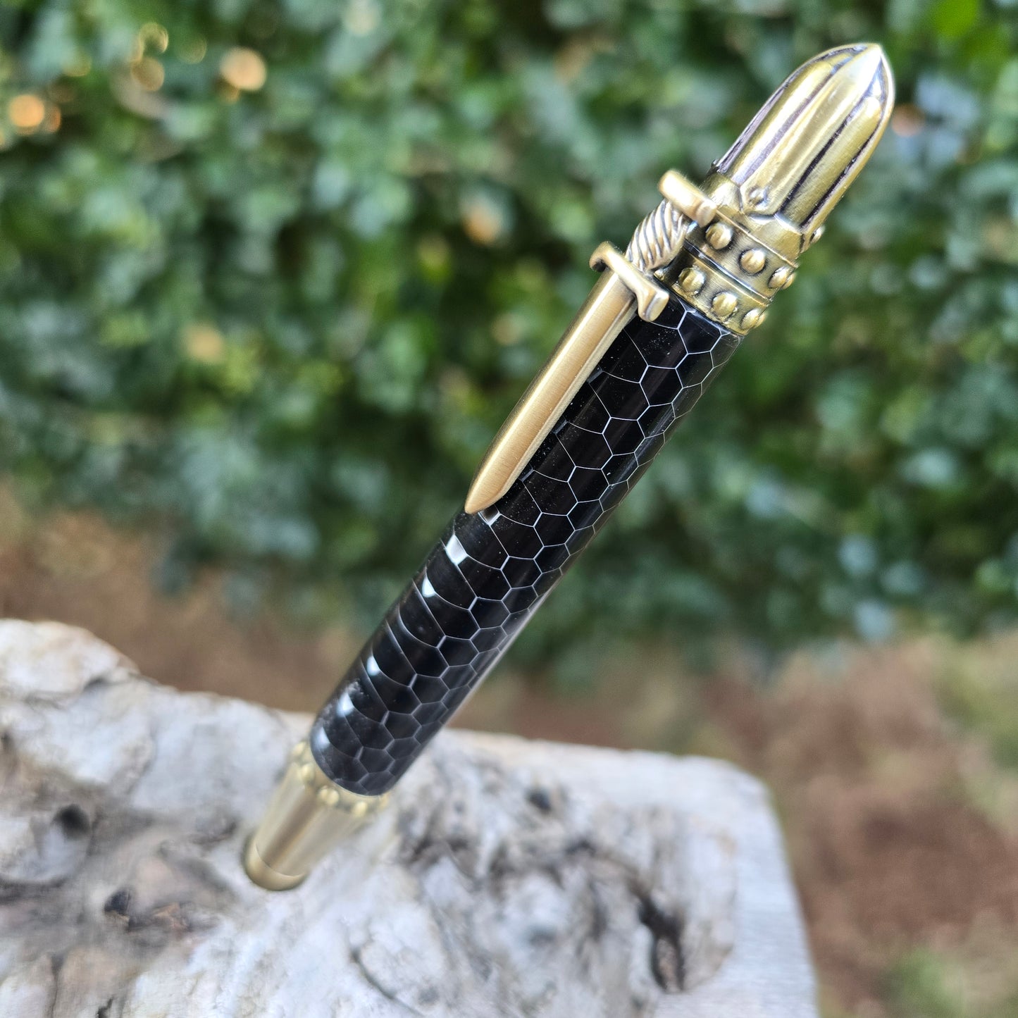Black Aluminium Honeycomb Knights Armor Style Pen with Antique Brass Trim