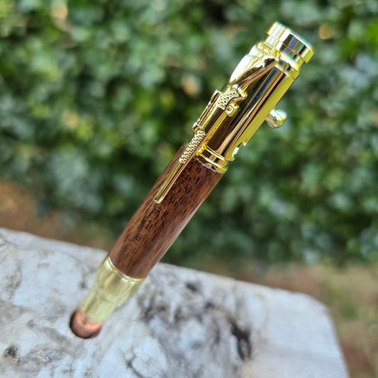 MINI Black Walnut Ned Kelly Style Pen with Gold Trim