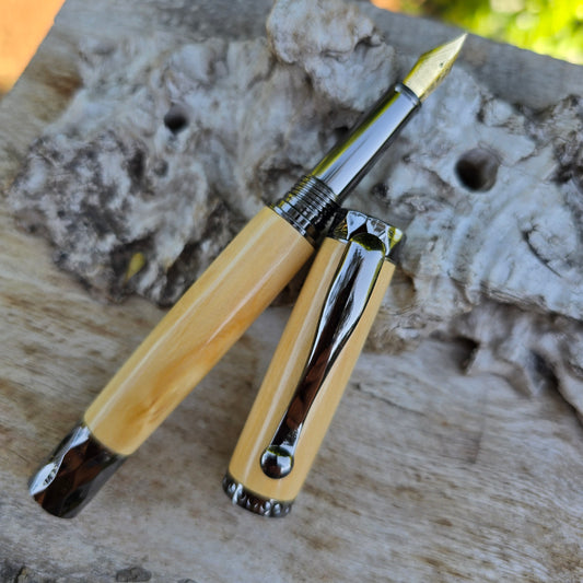 Huon Pine Atrax Fountain Pen with Etched Metal Trim