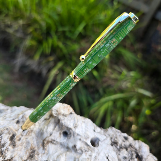 Green Computer Circuit Board Slimline Twist Pen with Gold Trim