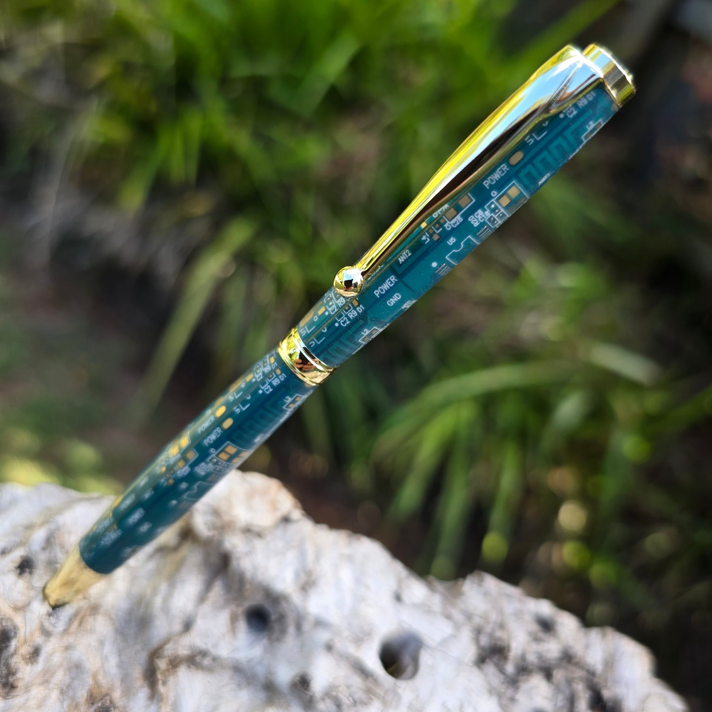Teal Computer Circuit Board Slimline Twist Pen with Gold Trim