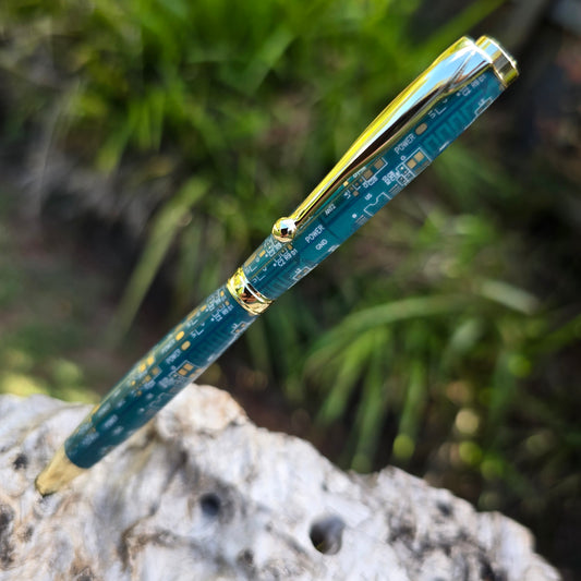 Teal Computer Circuit Board Slimline Twist Pen with Gold Trim