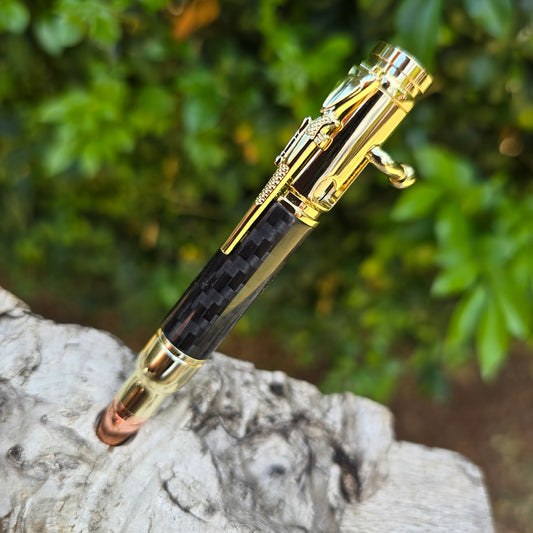 MINI Black Carbon Fiber Ned Kelly Style Pen with Gold Trim