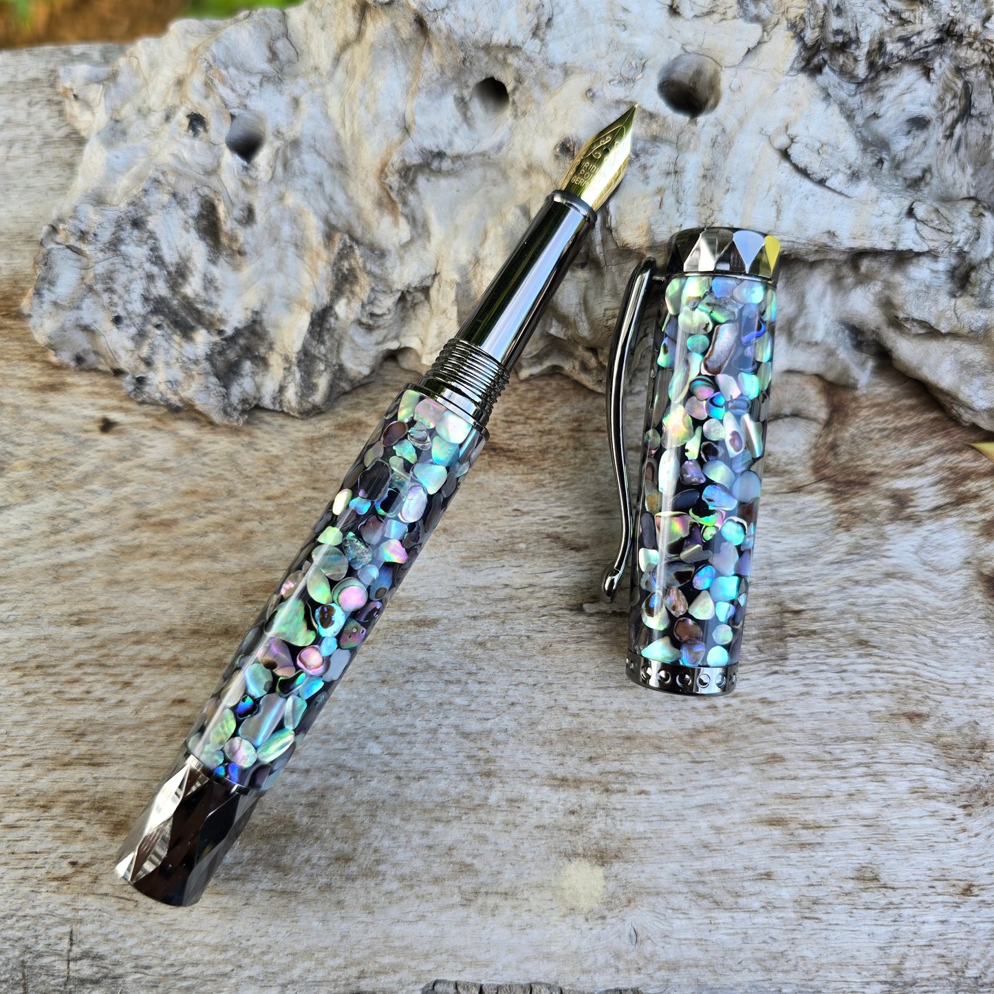 Abalone Atrax Fountain Pen with Etched Metal Trim