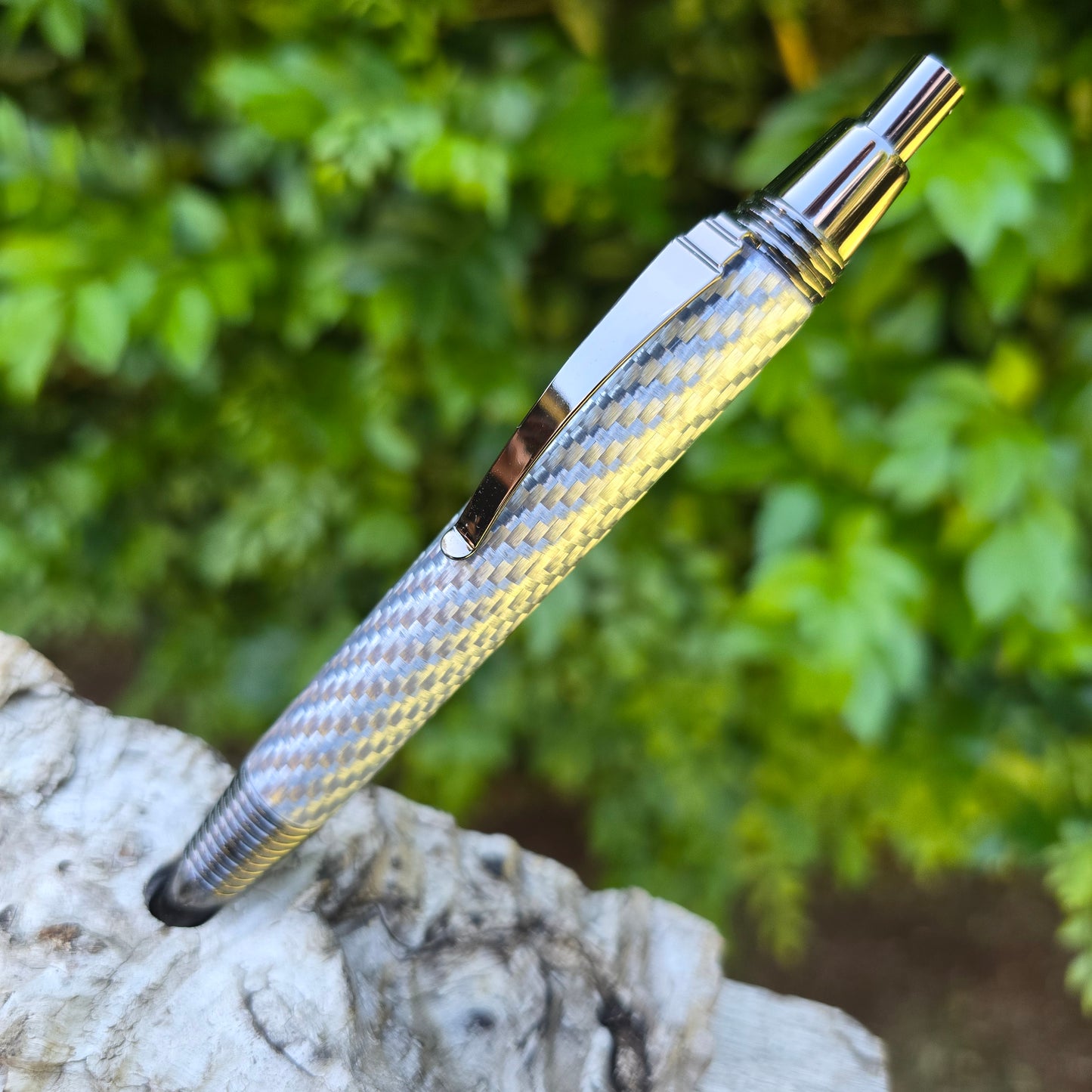 Silver Carbon Fiber Levi Click Style Pen with Etched Metal Trim