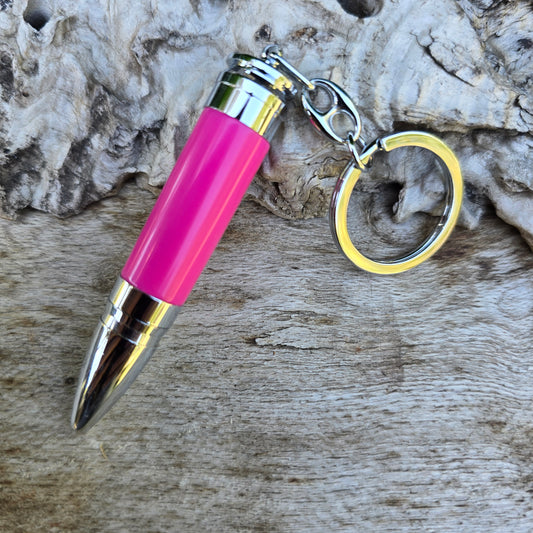 Pink Acrylic Resin Thunder Style Keyring Pen with Silver Trim