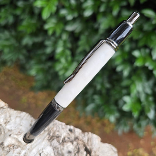 White Acrylic Sierra Click Style Pen with Black/Etched Metal Trim