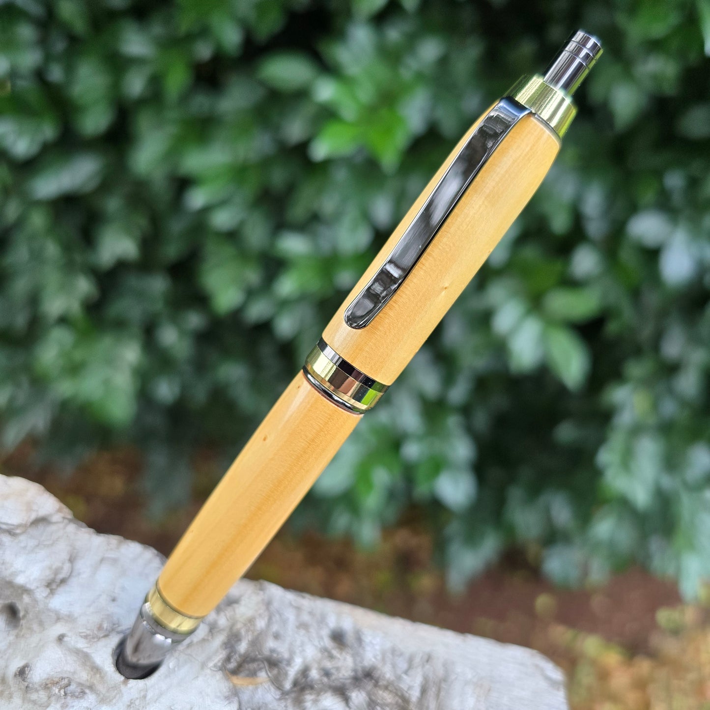 Huon Pine Cuban Click Style Pen with Gold/Etched Metal Trim