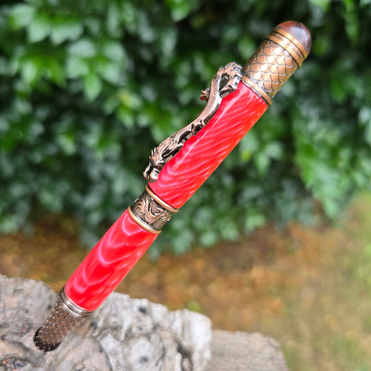 Red Dragon Scale Yingloong Dragon Twist Style Pen with Antique Copper Trim