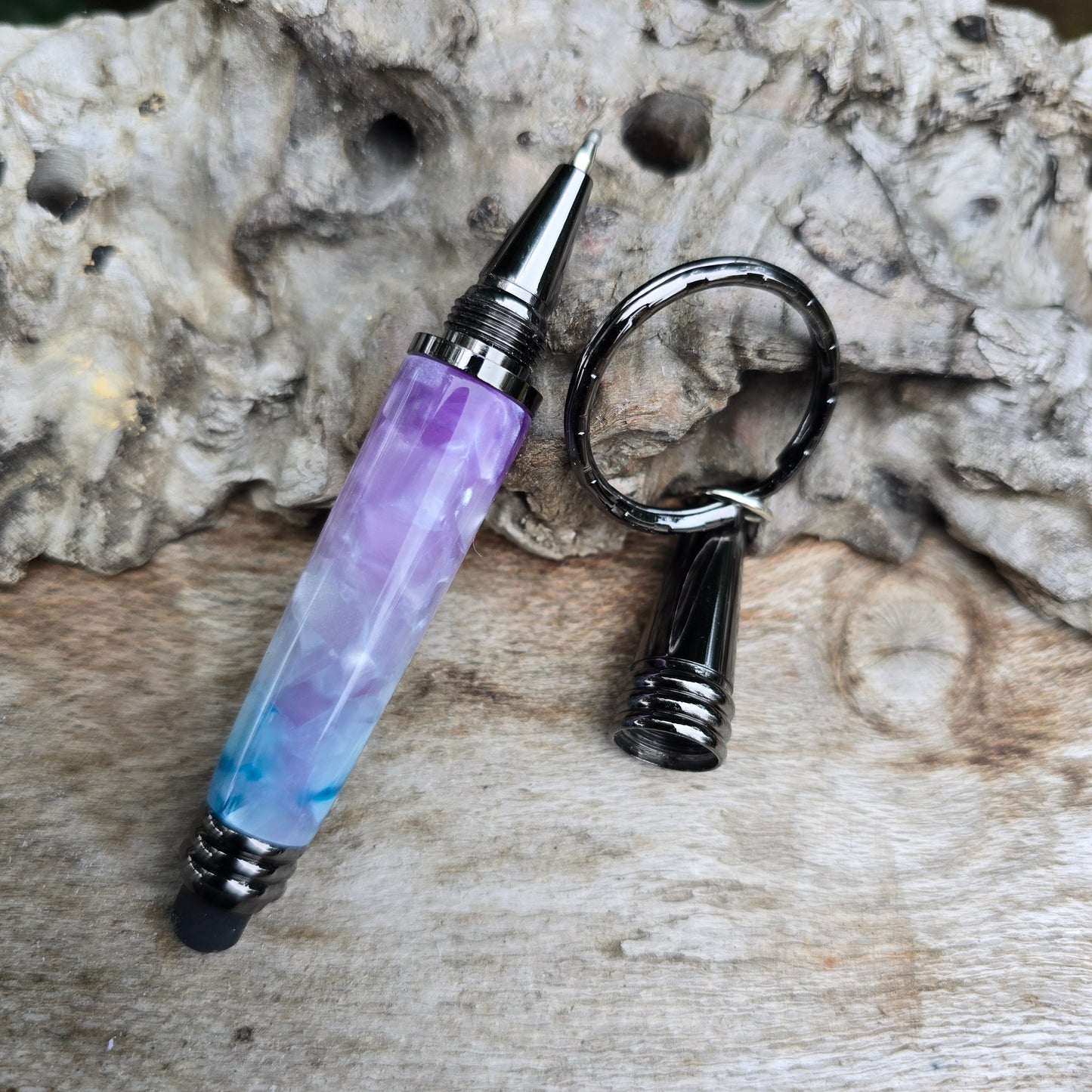 Ice Crush Acrylic Resin Stylus Keyring Pen with Etched Metal Trim