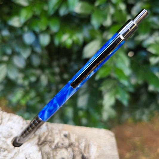 Blue Acrylic Resin Slender Click Style Pen with Etched Metal Trim