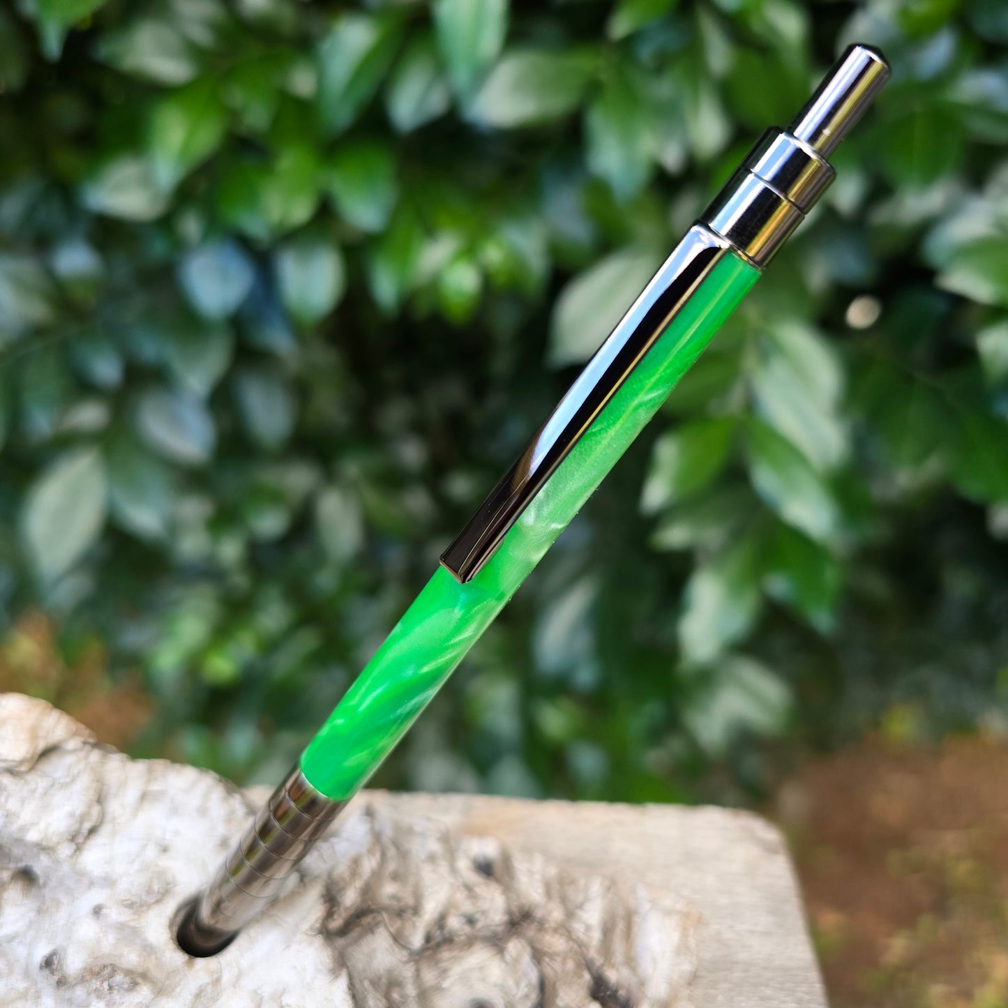 Green Acrylic Resin Slender Click Style Pen with Etched Metal Trim