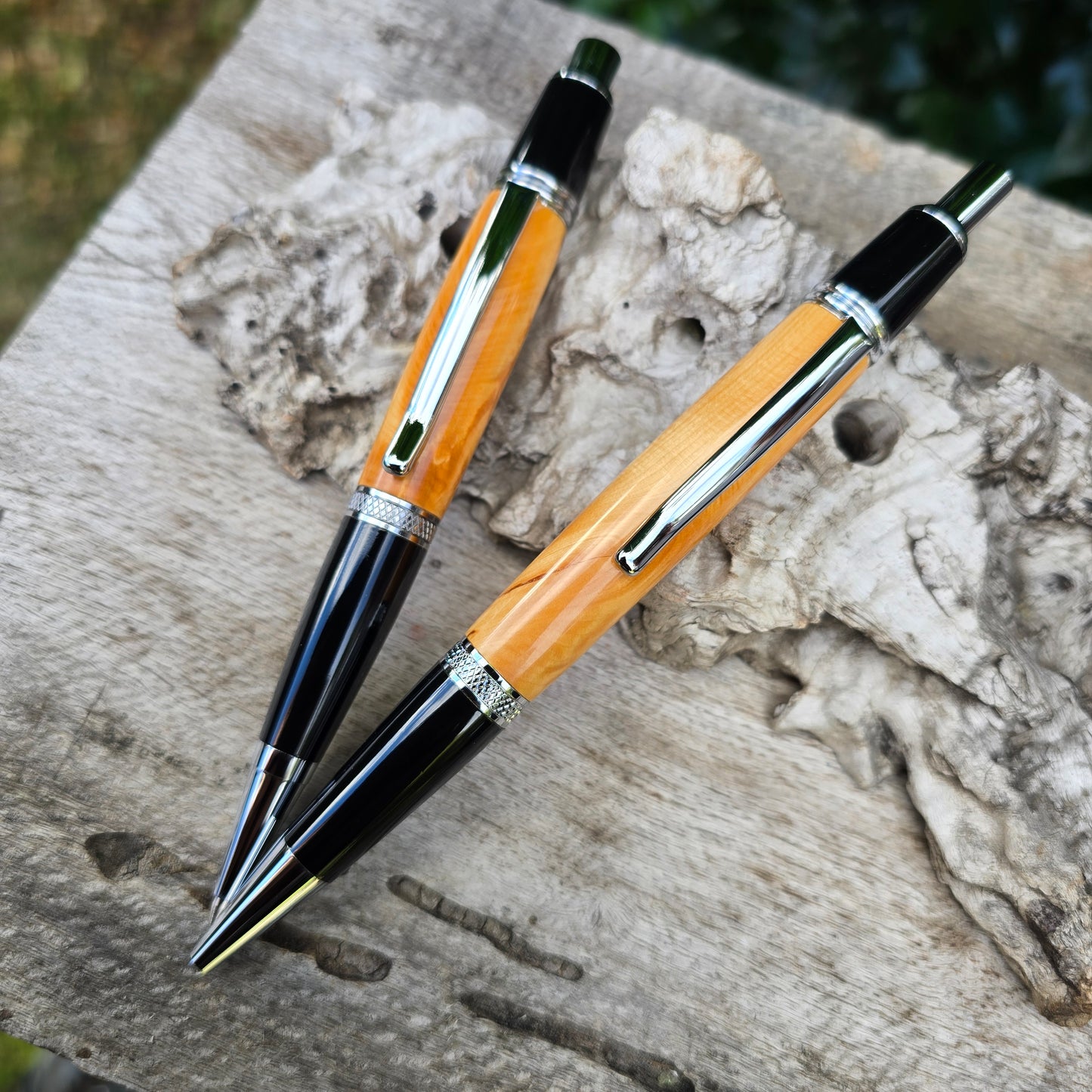 Huon Pine Sierra Click Style Pen & Pencil Set with Black/Silver Trim