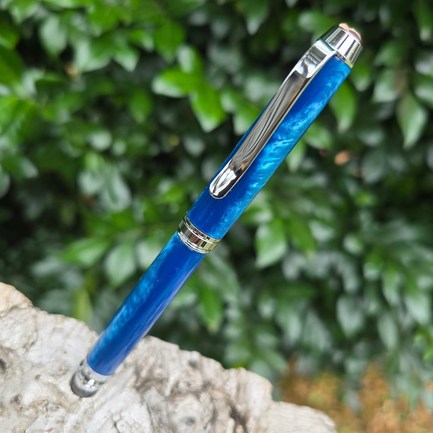 Blue Epoxy Resin Cohiba Twist Style Pen with Silver Trim