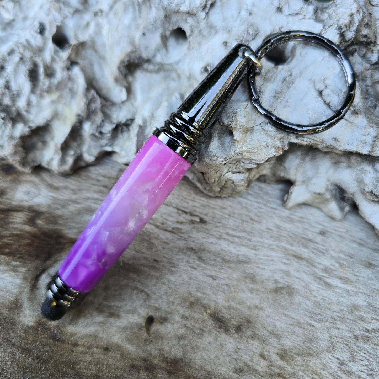 Ice Crush Acrylic Resin Stylus Keyring Pen with Etched Metal Trim