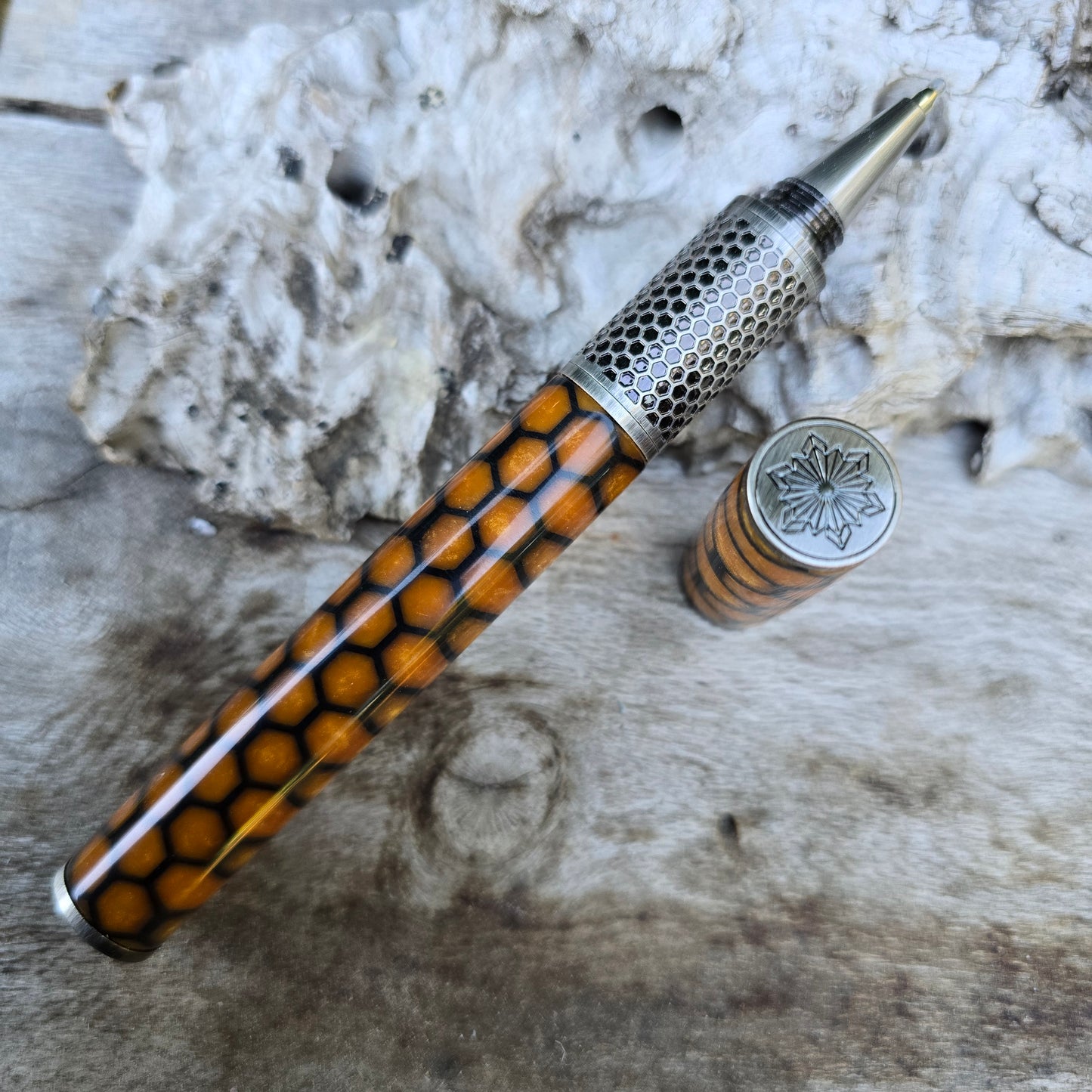 3D Honeycomb Epoxy Resin Celestial Hive Rollerball Pen with Pewter Trim