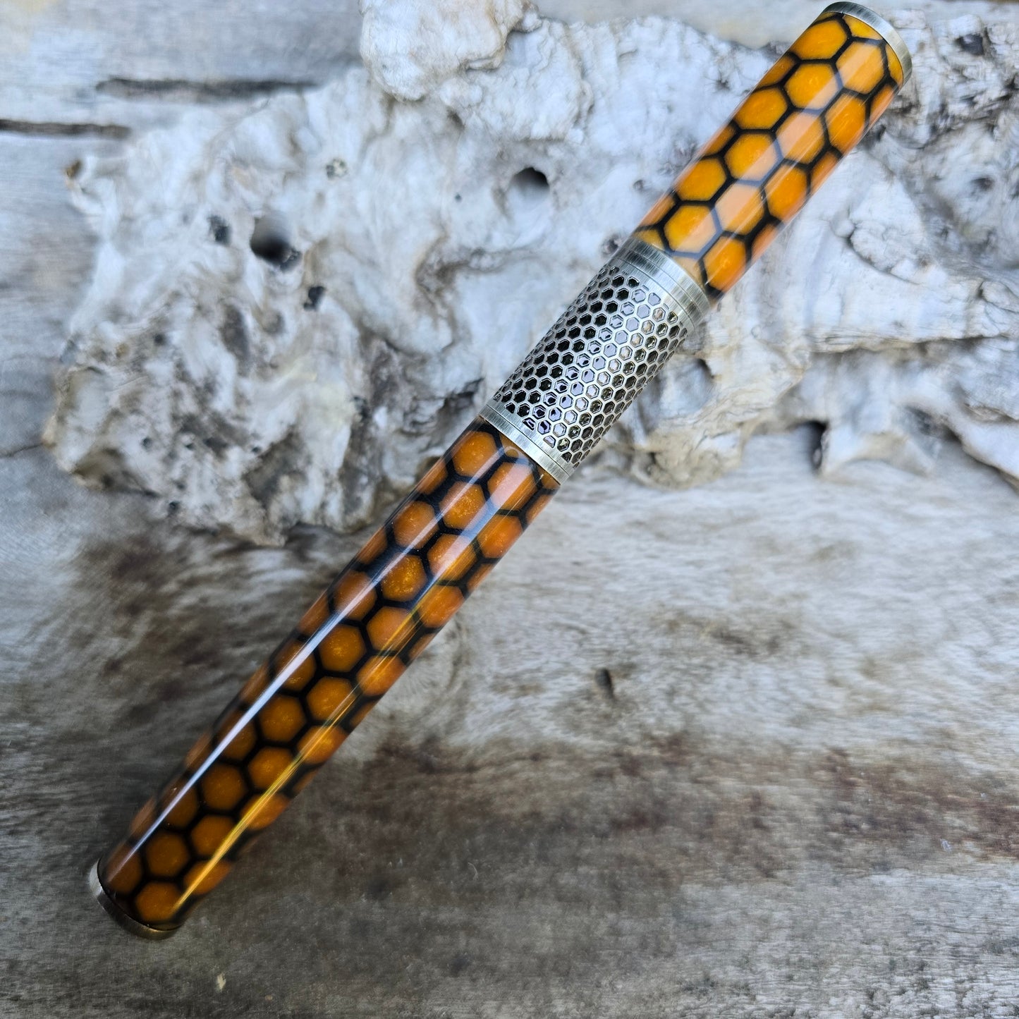 3D Honeycomb Epoxy Resin Celestial Hive Rollerball Pen with Pewter Trim