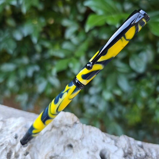 Blue/Yellow Acrylic Slimline Pen with Etched Metal Trim