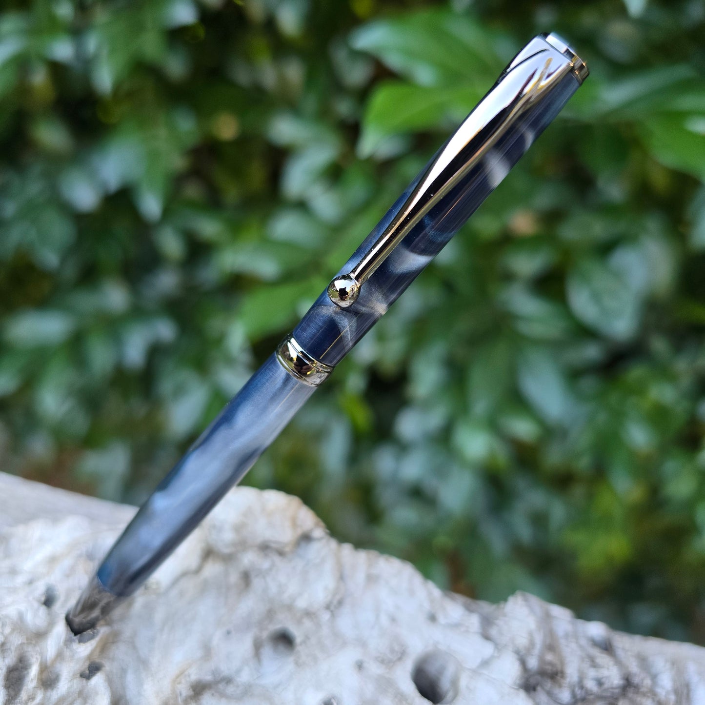 Blue/Grey Acrylic Slimline Pen with Etched Metal Trim