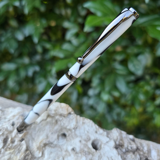 Black/White Acrylic Slimline Pen with Etched Metal Trim