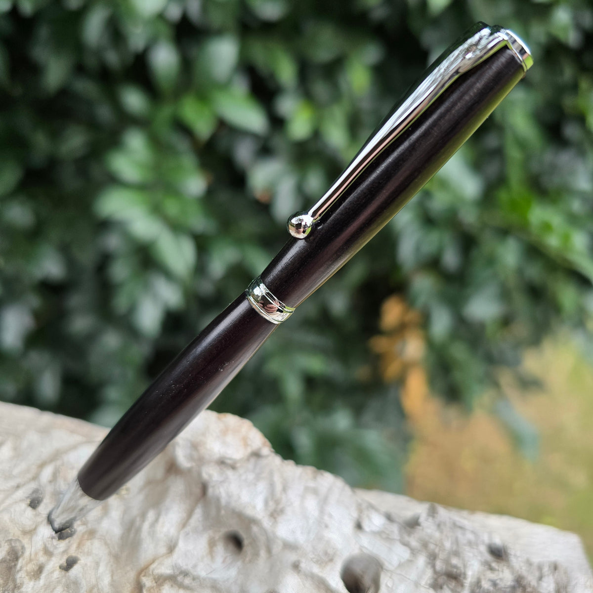 African Blackwood Slimline Twist Style Pen with Natural Wax Finish and Silver Trim